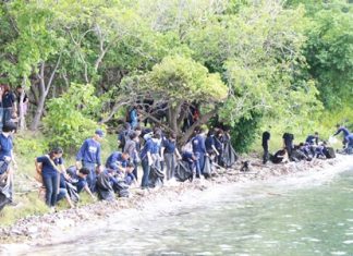 Navy sailors join up to 300 people to help clean up the shores and plant coral around Koh Khram.
